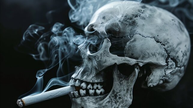 The smoke from the cigarette resembles the outline of a skull