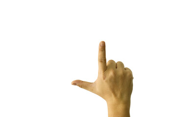 A male hand with the index finger extended, pointing toward a specific object or direction,...