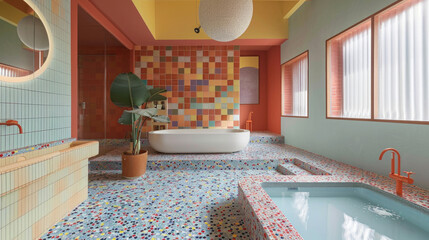 A retro-modern bathroom with colorful mosaic tile flooring, a sunken bathtub, and a funky pendant...