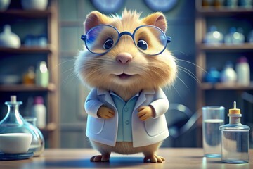 Smiling hamster scientist in a cozy lab - A hamster with a big smile appears as an approachable scientist in a warmly lit lab, signaling friendly scientific inquiry - obrazy, fototapety, plakaty