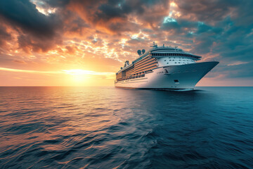 At sunset, contemporary large cruise ship floats on rippled surface waves in beautiful manner AI Generative