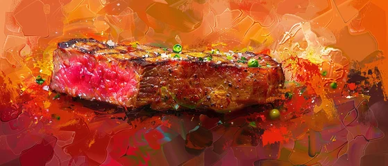 Fotobehang Gourmet steak closeup culinary perfection savory delight Stylish in the style of vibrant dot Digital art © INsprThDesign