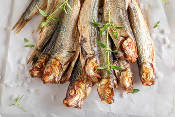 Fresh and salty smoked sprats as popular mediterranean food. - 766306999