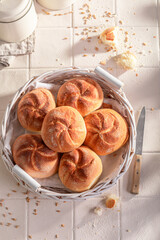 Healthy and hot kaiser buns freshly baked in home bakery. - 766307125