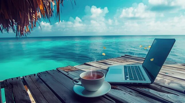  Seaside workspace: A cup of coffee sits beside a laptop against the backdrop of a tranquil ocean, providing a serene setSeamless looping 4k time-lapse virtual video animation background. Generated AI