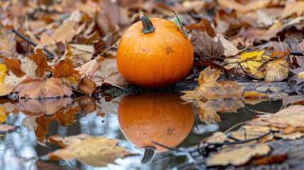 Pumpkin Reflecting in Water Surrounded by Leaves