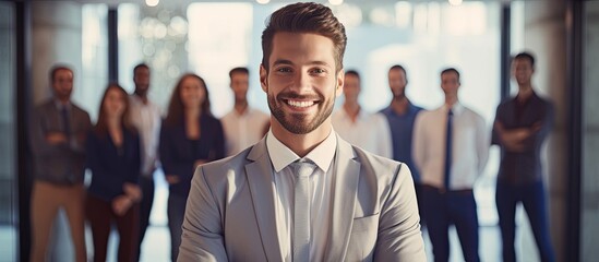 A well-dressed man in a formal suit is standing confidently in front of a diverse group of individuals - obrazy, fototapety, plakaty