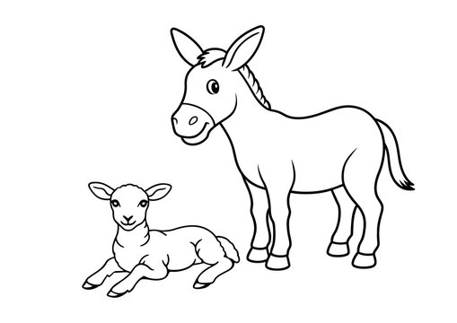 Lamm und Eseln - Ausmalbild für Kinder zu Ostern und Palmsonntag - Kindergarten