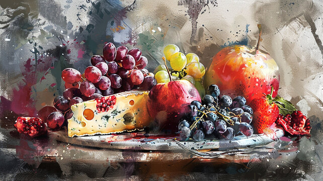 Gourmet cheese platter fine textures elegant presentation Stylish in the style of vibrant dot Digital art