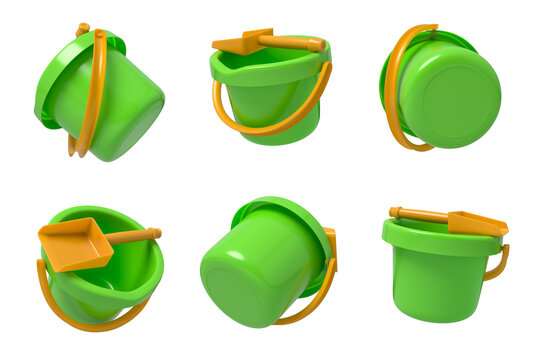 Green toy buckets and spades in different views