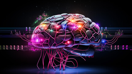 Brain with artificial intelligence connected to technology with circuits and cables. Artificial Intelligence Technology
