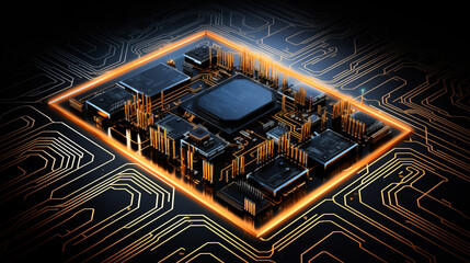 Circuit cyberspace design created, technology, processor chip, tech environment, blockchain. Circuit board provides access control and fingerprint security for cybersecurity
