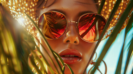 Preciosa modelo con gafas de sol de alta gama, alta costura, toma de gran angular, entorno tropical - obrazy, fototapety, plakaty