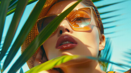 Preciosa modelo con gafas de sol de alta gama, alta costura, toma de gran angular, entorno tropical