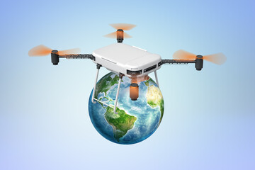 Drone flying above a small globe - obrazy, fototapety, plakaty