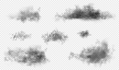 Set of the 7 dark gloomy vector realistic clouds isolated on white semi transparent background. Black smoke from fire or conflagration. Else useful for halloween or another fearfull theme - obrazy, fototapety, plakaty