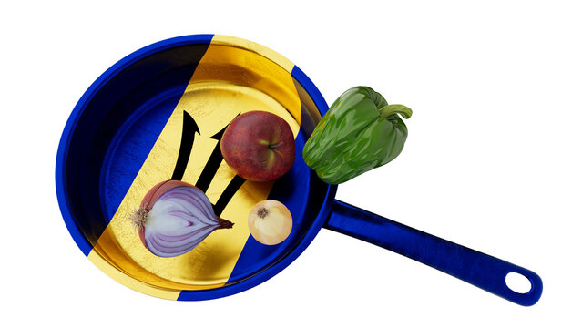 Barbados Inspired Culinary Display with Fresh Produce on Flag-Styled Pan