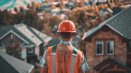 Construction Worker Overlooking Residential Area - obrazy, fototapety, plakaty