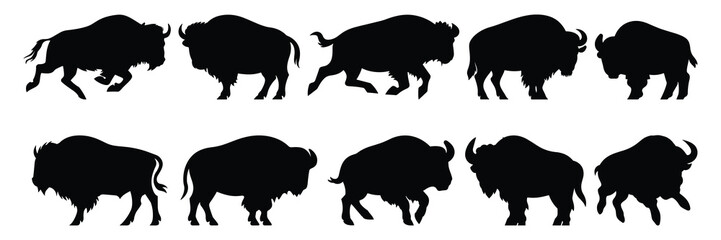 Bison buffalo silhouettes set, large pack of vector silhouette design, isolated white background © FutureFFX