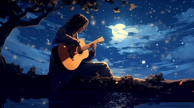 Starlit Serenade: A Lone Musician Playing Under a Night sky. Fantasy landscape anime or cartoon style, looping 4k video animation background