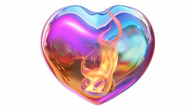 The 3d holographic heart icon with fire flame in the y2k style is rendered with iridescent chrome and a rainbow gradient.