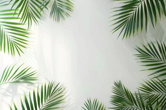 Tropical palm leaves on a white and grey background for designs. Summer Styled. High quality image. generative ai.