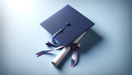 Navy Graduation Cap and Diploma with Silver Tassel on Blue Background