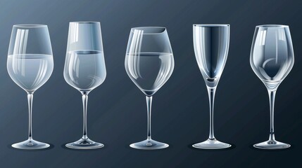 Transparent goblets with glasses, modern icon set - obrazy, fototapety, plakaty
