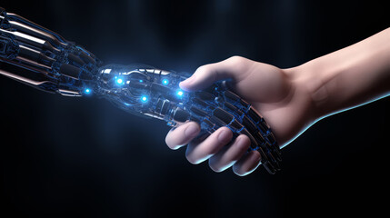 Black Robot hand shaking hands with human hand on black background