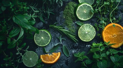 Fresh Herbs and Citrus Fruits on Dark Surface - obrazy, fototapety, plakaty