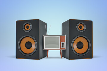 Vintage TV and speakers on blue background