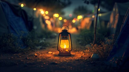 Camping Lantern Illuminating Path at Dusk - obrazy, fototapety, plakaty