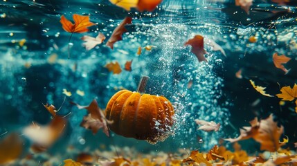 Obraz na płótnie Canvas Underwater Pumpkin with Falling Autumn Leaves