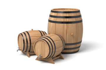 Three wooden barrels, varying sizes, isolated on white