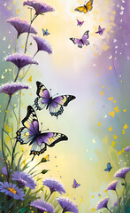 Banner with butterflies and flowers with empty copy space, spring nature background, greeting card,