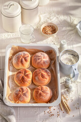 Tasty and homemade kaiser rolls made of flour and sourdough. - 766310123