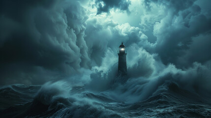 A lighthouse with its light on amidst turbulent sea with towering waves and stormy clouds enveloping the sky. - obrazy, fototapety, plakaty