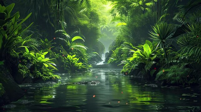 Magical river flowing through an enchanted forest, surrounded by whimsical scenery.
  Seamless looping 4k time-lapse virtual video animation background. Generated AI