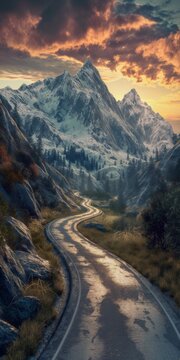 Mountain road, natural landscape, 3d, background image for mobile phone, ios, Android, banner for instagram stories, vertical wallpaper