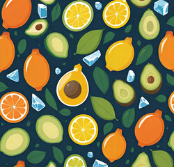 vector illustration, seamless pattern with avocado, tropical citrus and ice, background for smartphone, print, design,