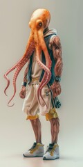 Giant octopus, a marine animal in modern clothes. Anthropomorphic concept, 3d, background image for mobile phone, ios Android, banner for instagram stories vertical wallpaper