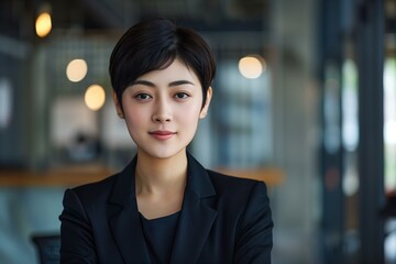 portrait Asian business woman with short hair, black business suit, office in the background
