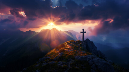 holy saturday cross on top of mountain with evening sky background	
