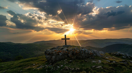 holy saturday cross on top of mountain with evening sky background	
 - obrazy, fototapety, plakaty