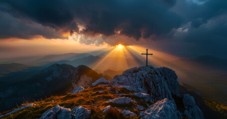 holy saturday cross on top of mountain with evening sky background	
