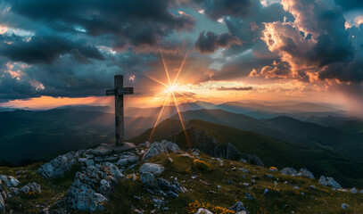 holy saturday cross on top of mountain with evening sky background