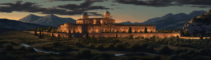 Ancient monastery meditating away from tech wide lens serene dusk light ,  super realistic