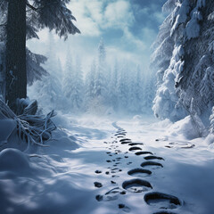 Bigfoot vs human footprints in the snow , 3D style - obrazy, fototapety, plakaty