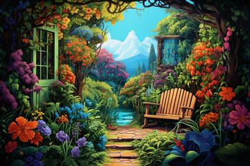 Secret garden offline sanctuary closeup view vibrant midday colors , unique hyper-realistic illustrations