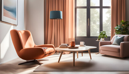Fototapeta premium Interior of a bright living room with a terracotta armchair with a blanket thrown over it, a coffee table and a large window, modern light minimalist interior design,